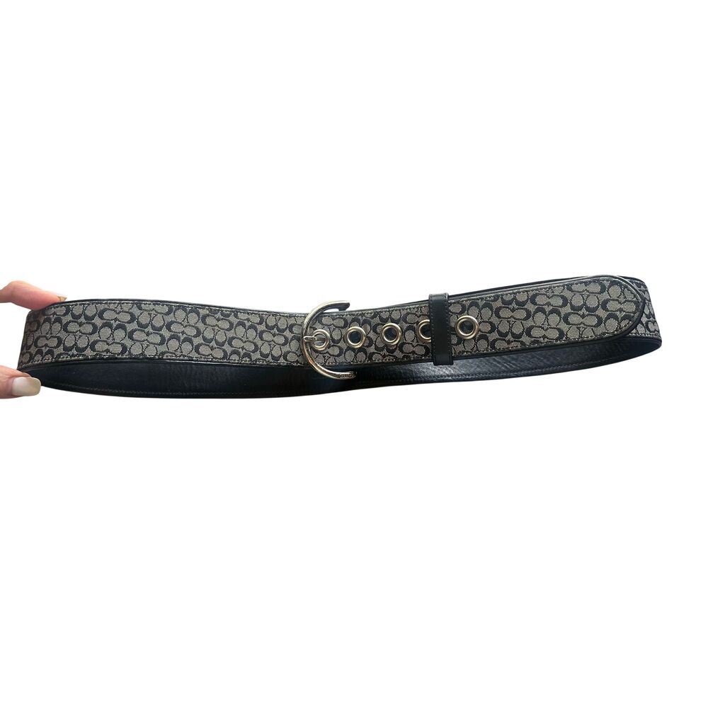 Coach Classic Mini Monogram Silver Buckle Black and white Belt 3977